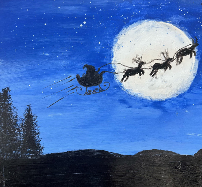 Santa being pulled by reindeer infront of the moon